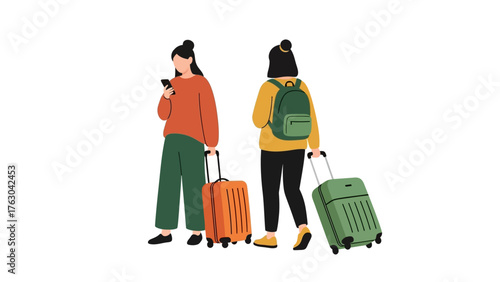 Two Female Travelers with Luggage on White Background
