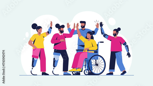 Inclusive Team Celebrating Success with High Fives, Vector Illustration
