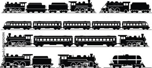 train silhouette, steam locomotive, passenger car, railway transport, vintage engine, modern coach, cargo wagon, tank car, transportation design, cad drawing flat vector illustration