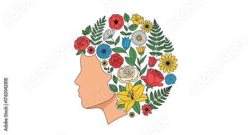 Elegant illustration of a woman's profile with her hair composed of a vibrant bouquet of blooming flowers and lush leaves