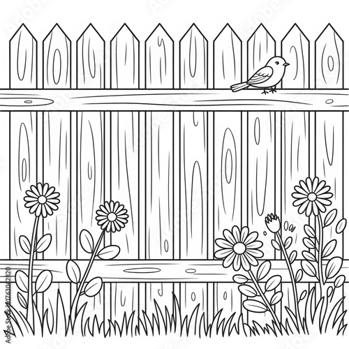 Cute Bird and Fence with Flowers Coloring Page for Kids and Adults