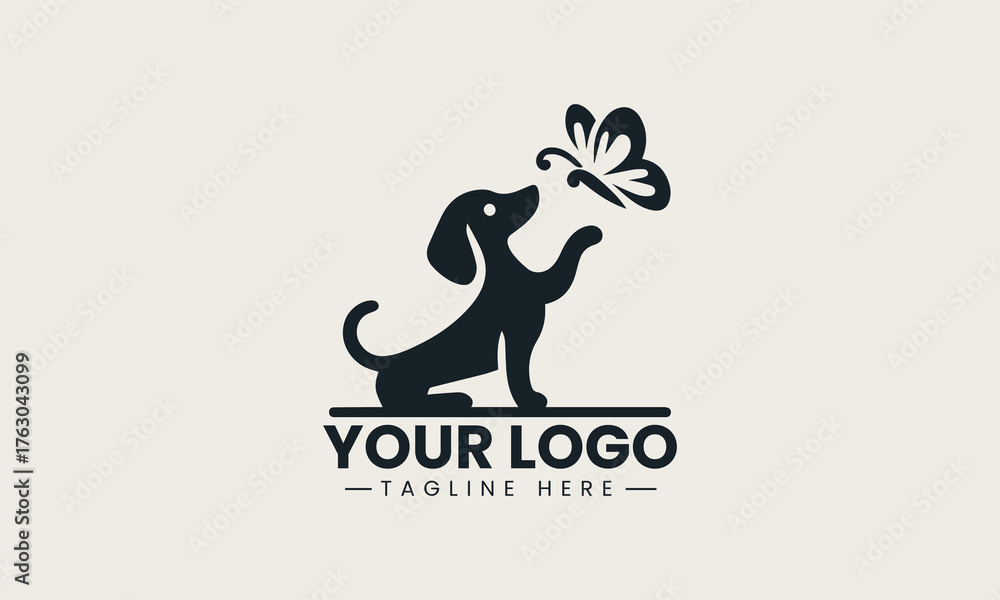Fototapeta premium Butterfly and wiener dog logo symbolizing harmony between animals and nature in cute minimalist vector design