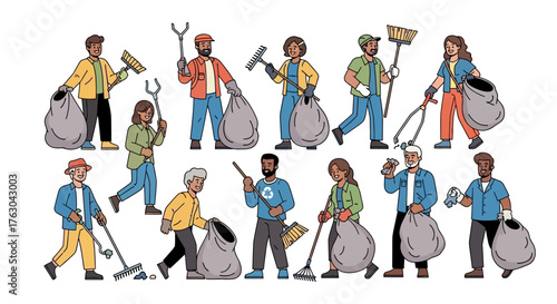 Community Cleanup Crew Diverse People Volunteering to Pick Up Litter and Clean Up Waste