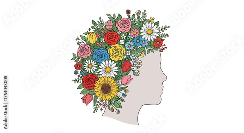 Woman's Profile Silhouette Adorned with a Vibrant Crown of Diverse Flowers