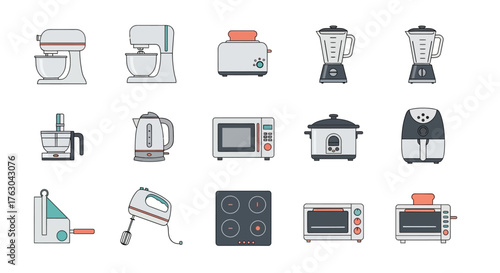 Essential kitchen appliance icon set featuring tools for electric cooking, food preparation, and mixing. A colorful vector illustration collection