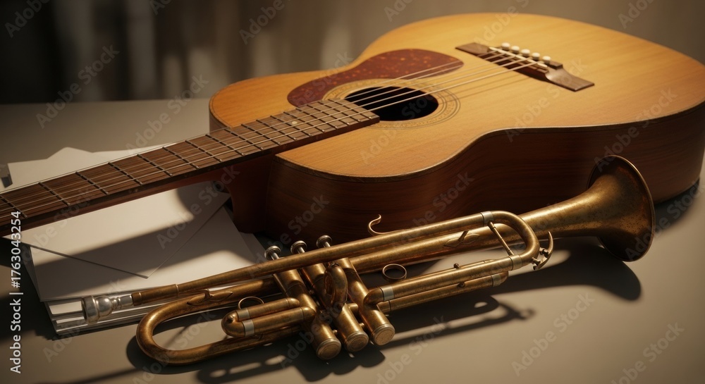 Obraz premium Acoustic guitar and trumpet on a table under warm light