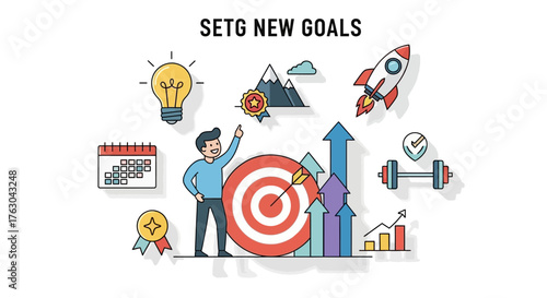 Achieving New Goals Illustration of Target, Rocket, and Business Concepts for Success