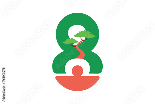 Number 8 with a stylized bonsai tree illustration