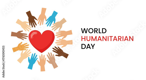 Diverse hands of different races unite in a circle of support around a red heart, a symbol of love, community, and charity