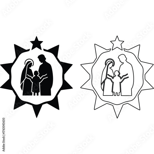 Black and white nativity scene silhouettes inside star shapes depicting religious family and faith symbol
