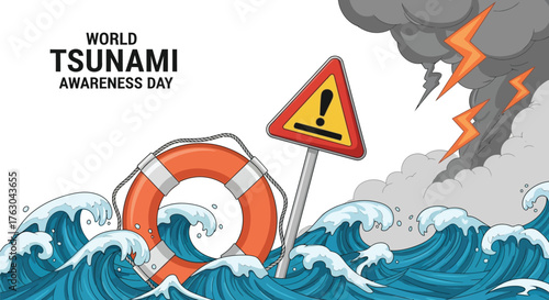 World tsunami awareness day illustration with warning sign and lifebuoy