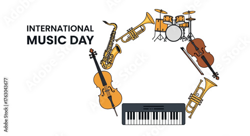 International Music Day Celebration A Vibrant Array of Musical Instruments in a Circular Composition