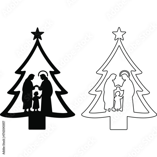 Christmas tree shaped nativity scene cutouts in black and white showing jesus mary and joseph figures silhouette