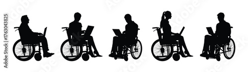 People different ages sitting on wheelchair working with laptop different positions black silhouette set.