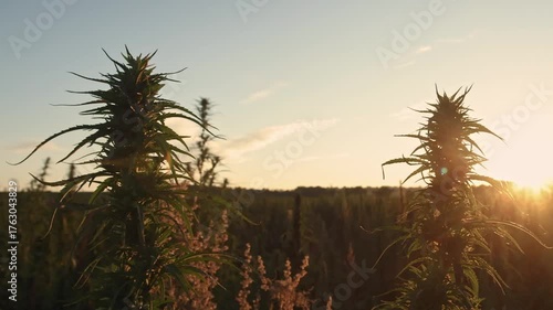 Field landscape with cannabis, used for medical treatment of fatal diseases like cancer, smoking for fun causing addiction, and for industrial use like constructions, textile production, insulation.
