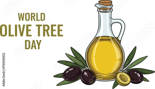 An illustration of olive oil bottle with olives for world olive tree day