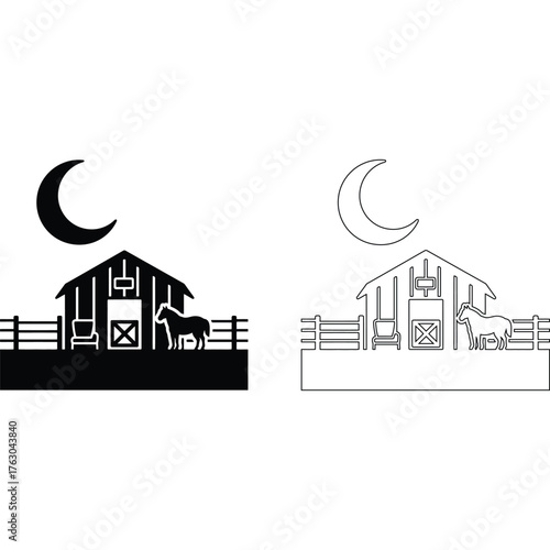 A barn silhouette and outline with a horse and moon in black and white against a plain background art