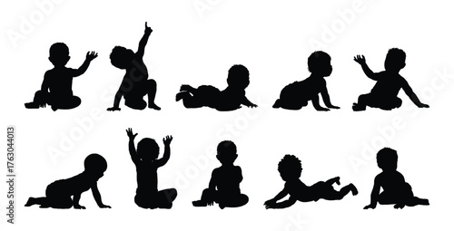 Silhouettes set of babies and toddlers in different poses and positions vector illustration collection.