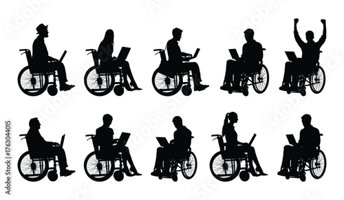 People sitting in wheelchair using laptop in different positions black silhouette set vector graphic collection.