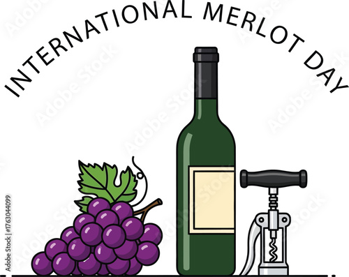International merlot day illustration with grapes, wine bottle, and corkscrew
