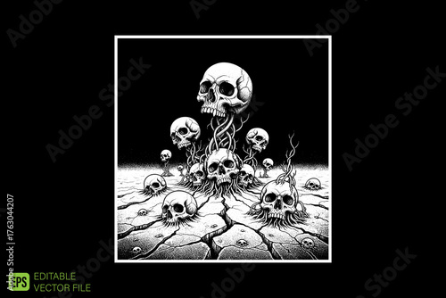Pile of Skulls on Cracked Earth in Monochrome.