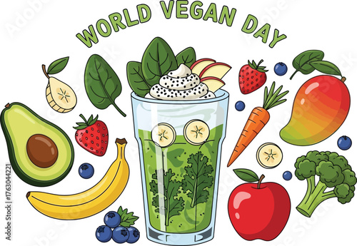 World vegan day illustration with smoothie and fruits promoting healthy living
