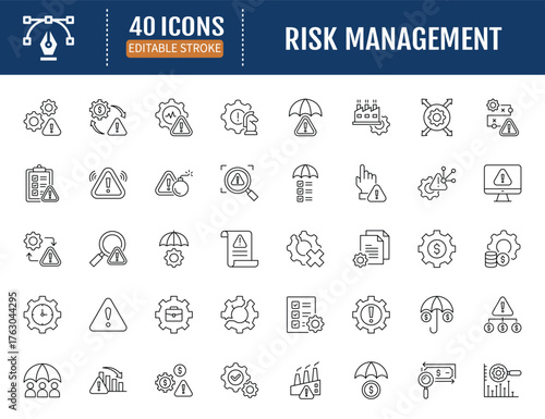 risk management line icon set. Includes risk,
threat, hazard, impact, control, mitigate, analysis,
assess, plan, strategy and more. Vector
Illustration with Editable Strokes