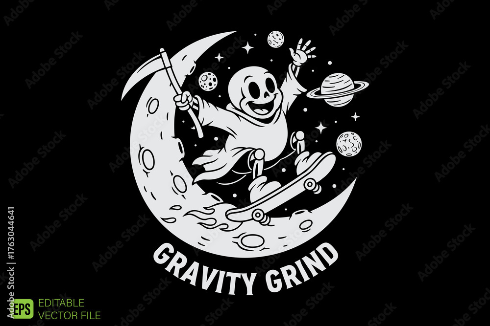 Obraz premium Happy Grim Reaper Ghost Skateboarding on Moon with Planets and S