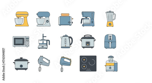 Comprehensive Set of Essential Kitchen Appliances Modern Icons for Home Food Preparation, Mixing, and Cooking Needs