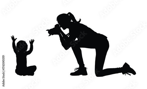Woman with camera taking pictures of child baby boy black silhouette vector illustration on white background.