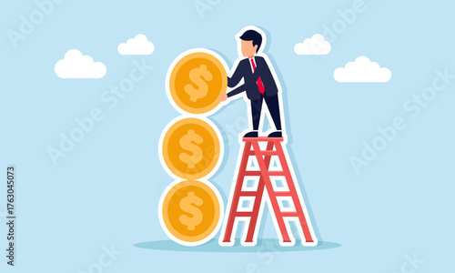 businessman using ladder to arrange stack of dollar coins illustration of securing financial assets of a company