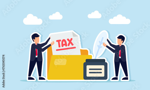 businessmen taking pen from ink bottle and another take tax document from envelope illustration of agreement to settle tax payment