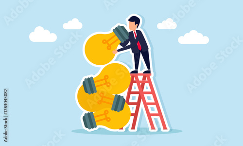 businessman using ladder to arrange stack of light bulbs illustration of collecting business ideas and innovation