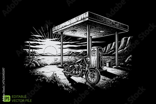 Classic Motorcycle Parked at Desert Gas Station at Sunset.
