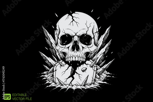 Cracked Skull with Spikes and Broken Stone.