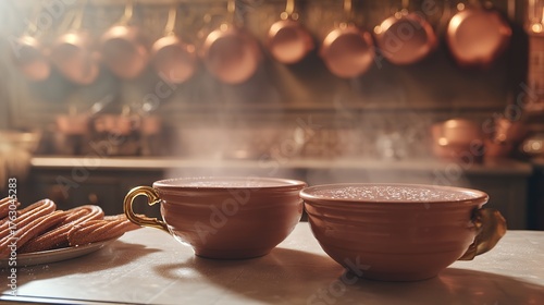 churros. A clay cup of hot chocolate with churros, capturing the warmth of Spanish National Day. menu design, packaging mockups, designed for culinary blogs and recipe cards for restaurants.