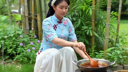 A young woman in a light blue and pink traditional-style Chinese top and white skirt crouches outdoors in a lush green setting, stirring food in a small pot over an open flame.