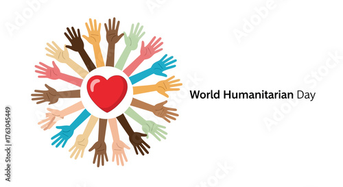 Global Unity and Compassion Diverse Hands Form a Circle Around a Heart, Symbolizing Collective Support and Humanitarian Aid