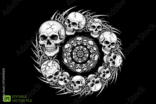 Intricate Skull Mandala Design with Concentric Circles of Skulls