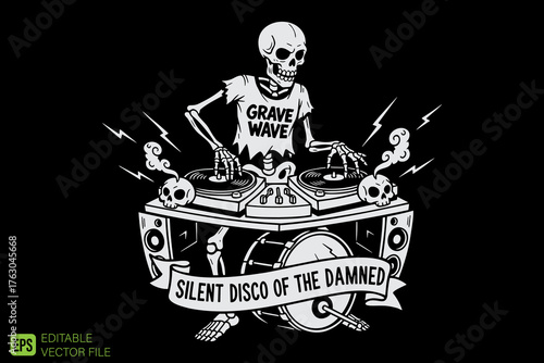 Skeleton DJ Playing Grave Wave Music at Silent Disco of the Damn