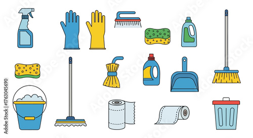 Cleaning Supplies Icon Set Various Tools and Equipment for Household Maintenance, Cleaning