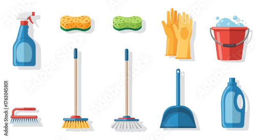 Comprehensive collection of essential cleaning tools and supplies for sparkling hygiene and a fresh home environment