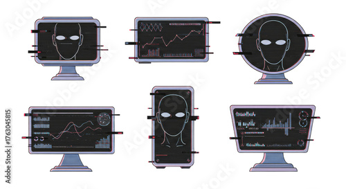Computer screens showing hacker profile and data analytics with cyber security elements, perfect for technology and cybercrime topics
