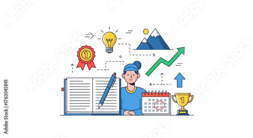 Business growth and career development concept with icons for strategic planning, education, and success