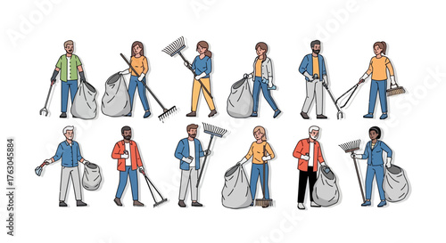 Diverse group of people collecting garbage outdoors, promoting environmental cleanup and sustainability efforts