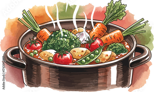 Watercolor illustration of a steaming pot of vegetable stew ready to be served
