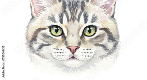 Watercolor painting of a cute cat face with green eyes on a white background