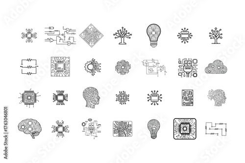Circuit board line Icons set. Containing Pattern Recognition, Machine Learning, Internet Of Things, Algorithm, Neural Network and more. Editable stroke. Vector illustration.