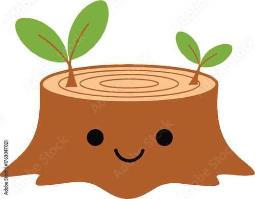 Adorable Cartoon Tree Stump with Two Small Green Sprouts and a Smiling Face character cute