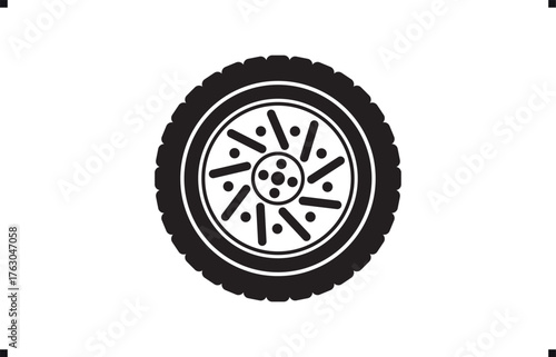 Black rubber wheel tire design. Wheel tires. Car tire tread tracks, Mini Van racing wheel mascot design. Tyres road maintenance vector automobile. Auto Van wheel tyre. Vector illustration rim design